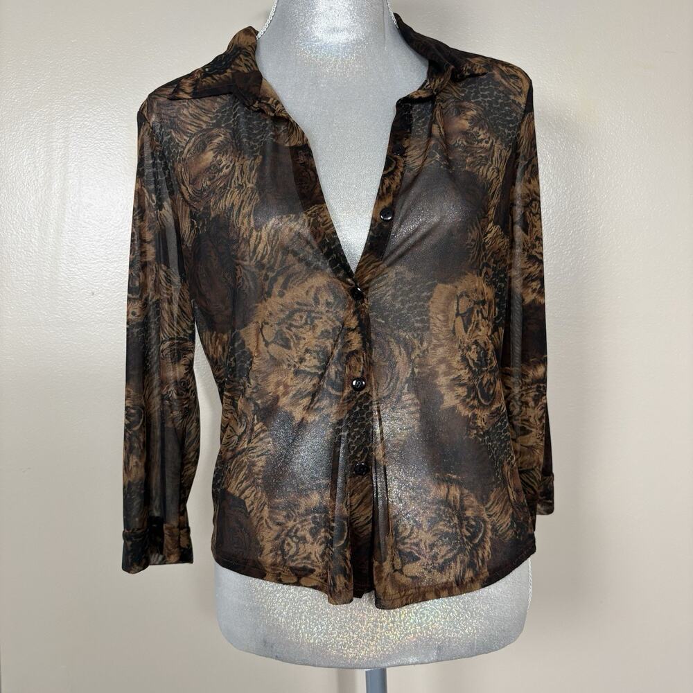 My Michelle Sheer Big Cat Print Button Up Top Tiger Lion Brown Black Y2K